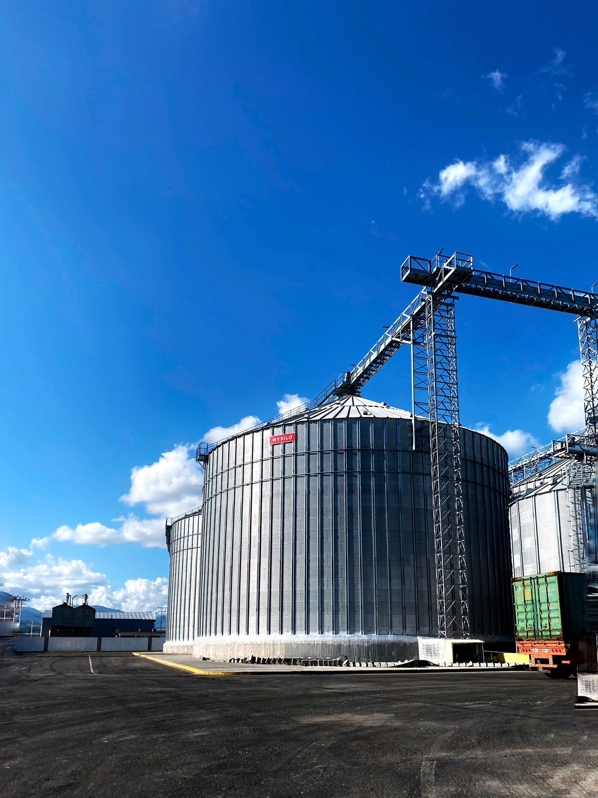 Silos de almacenamiento de grano con sistema de transporte elevado en planta agroindustrial