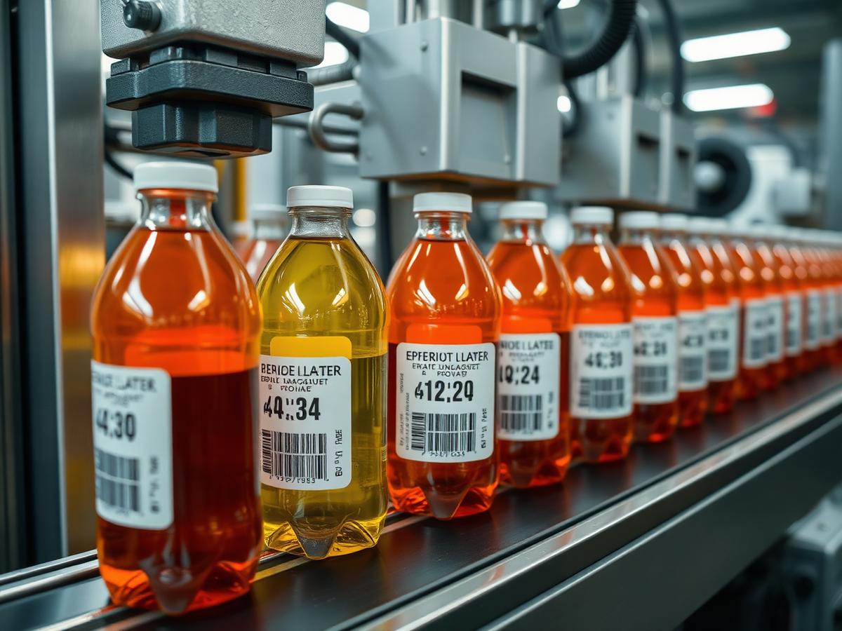 Codificador industrial imprimiendo fecha y lote en envases sobre un transportador