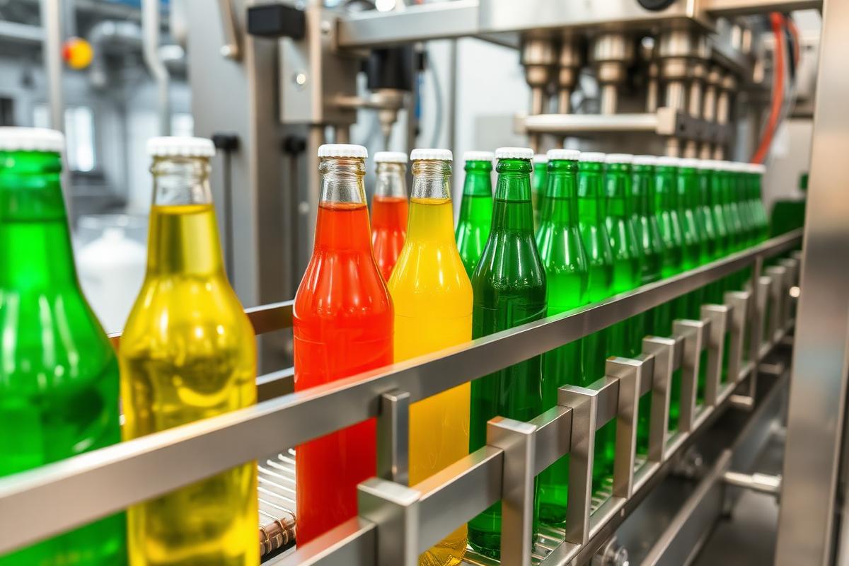Línea de embotellado de bebidas con envases en transportador de acero inoxidable