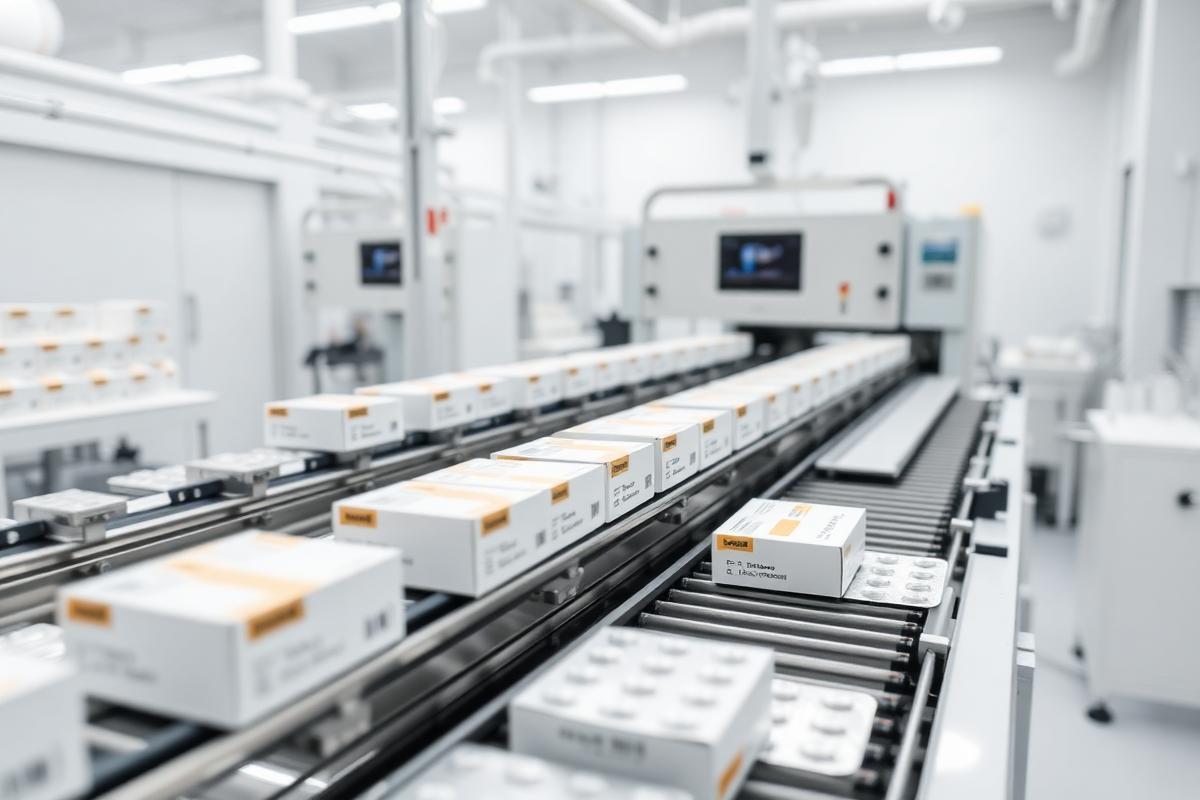 Línea de empaque farmacéutico con blísteres y cajas en área limpia