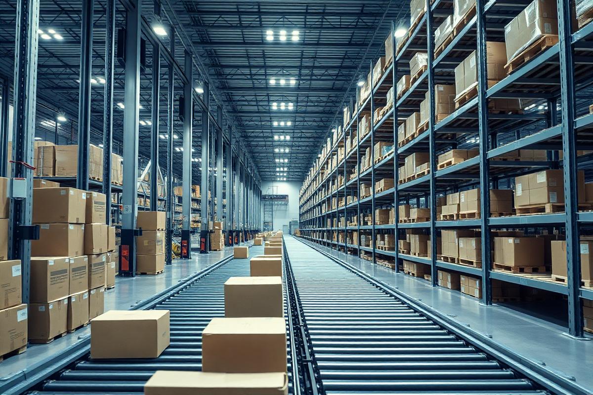 Centro de distribución con transportadores de rodillos y racks de pallets