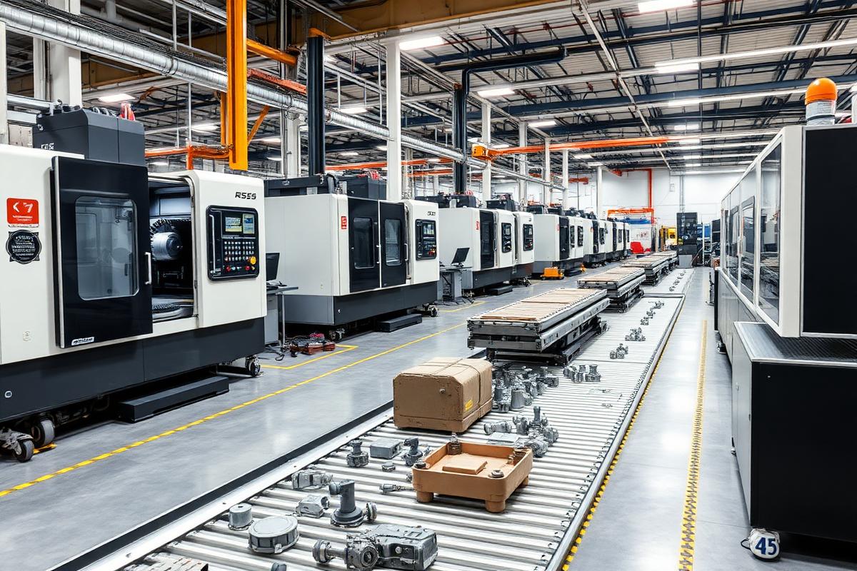 Planta de manufactura con máquinas CNC y piezas metálicas en línea de transporte