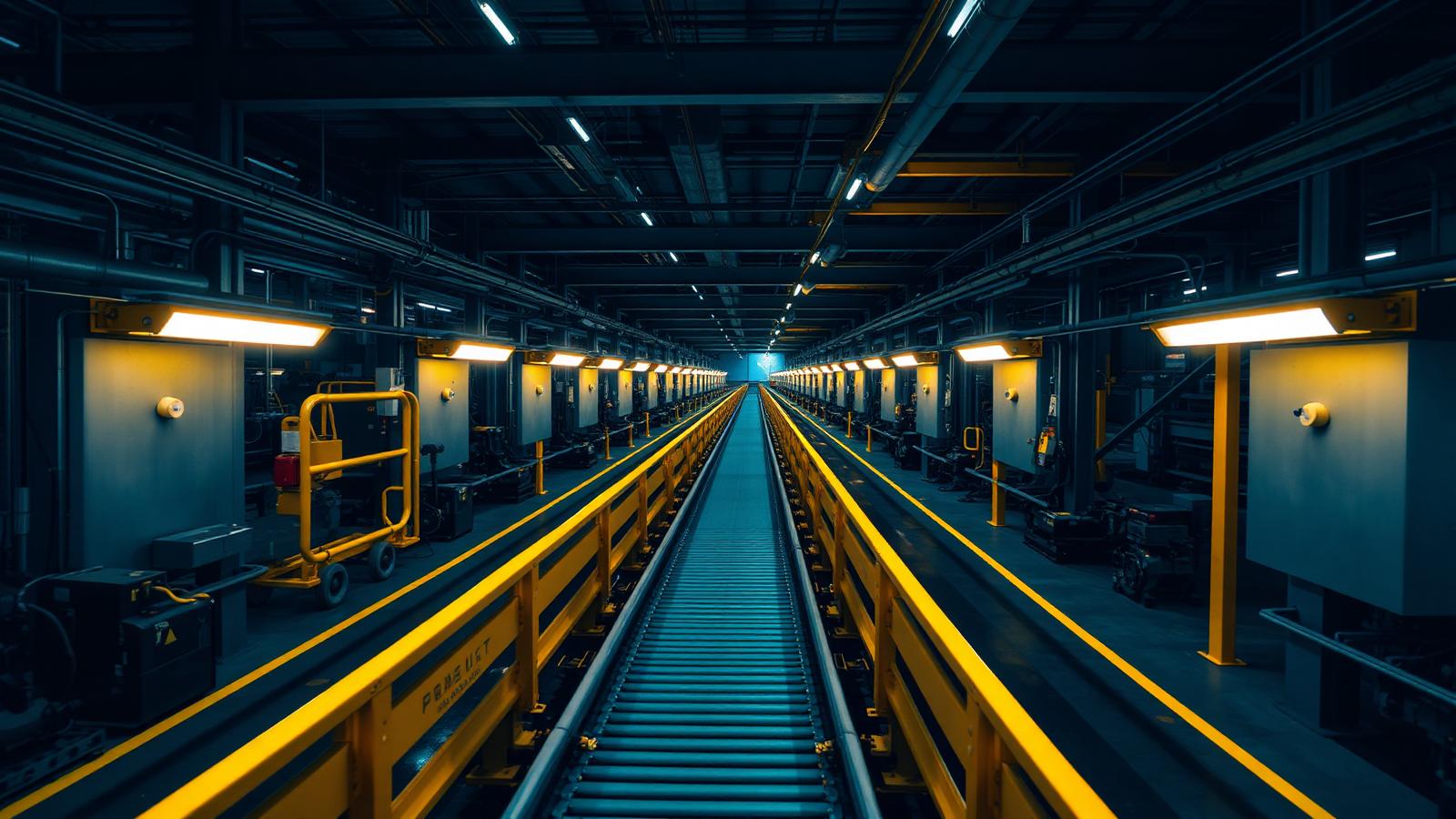 Vista general de una planta industrial con líneas de transporte iluminadas